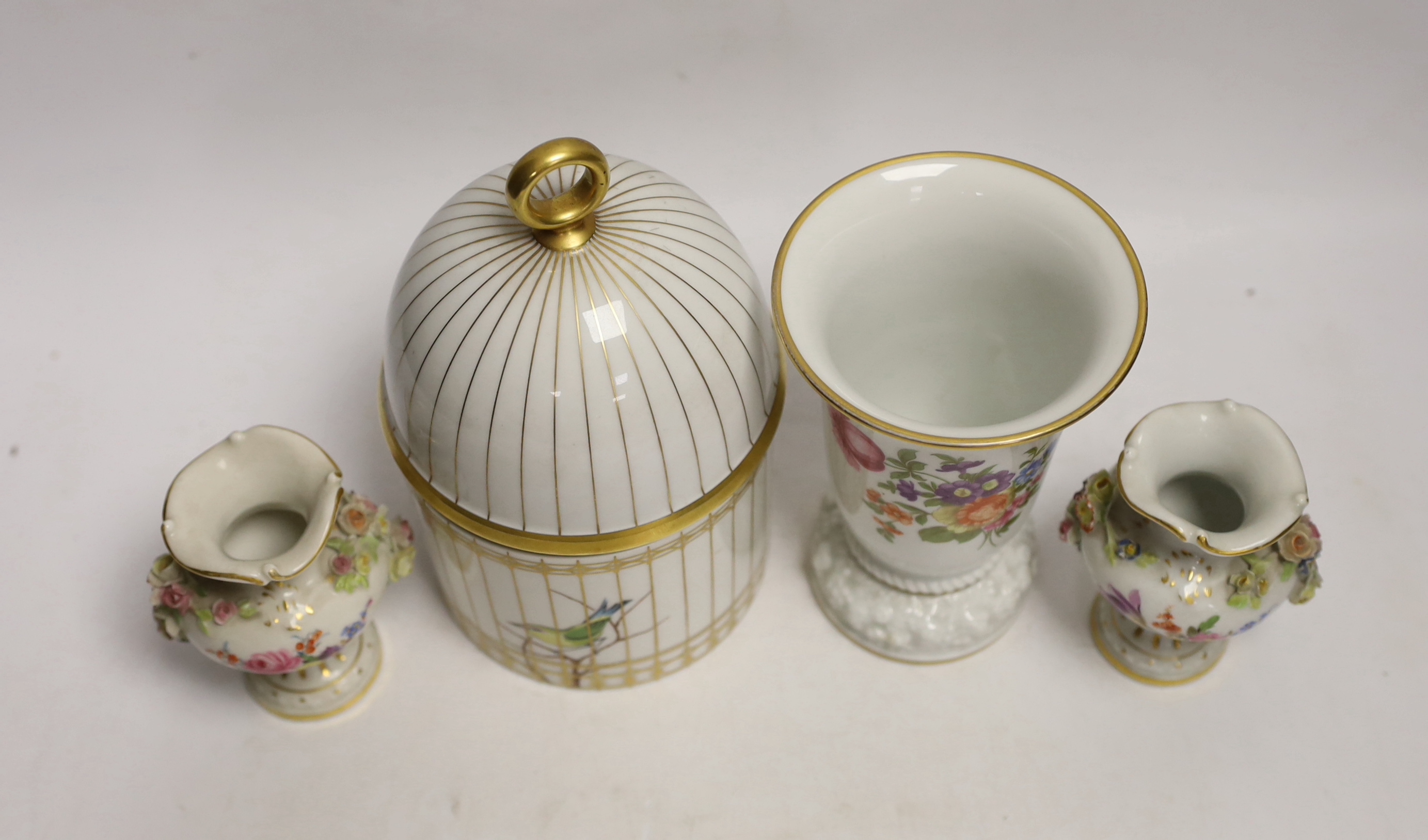 A pair of Meissen flower encrusted vases, a Rosenthal 'birdcage' jar and cover and a Rosenthal vase, tallest 19.5cm